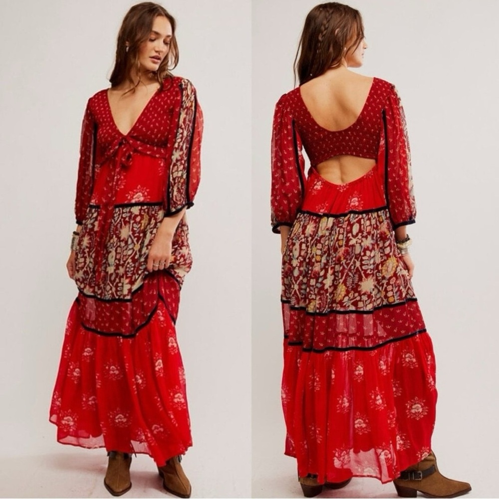 LAST 1!! Free People Bali Laurel Bohemian Long Sleeve Red Maxi Dress - $298 - Picture 9 of 13